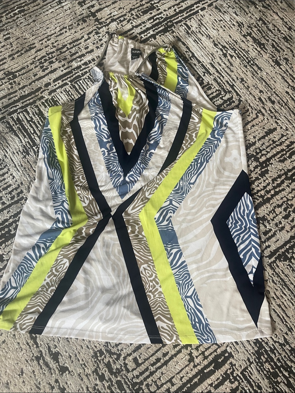 Alfani Multicolor Geometric Halter Tank in Navy, Lime & Beige